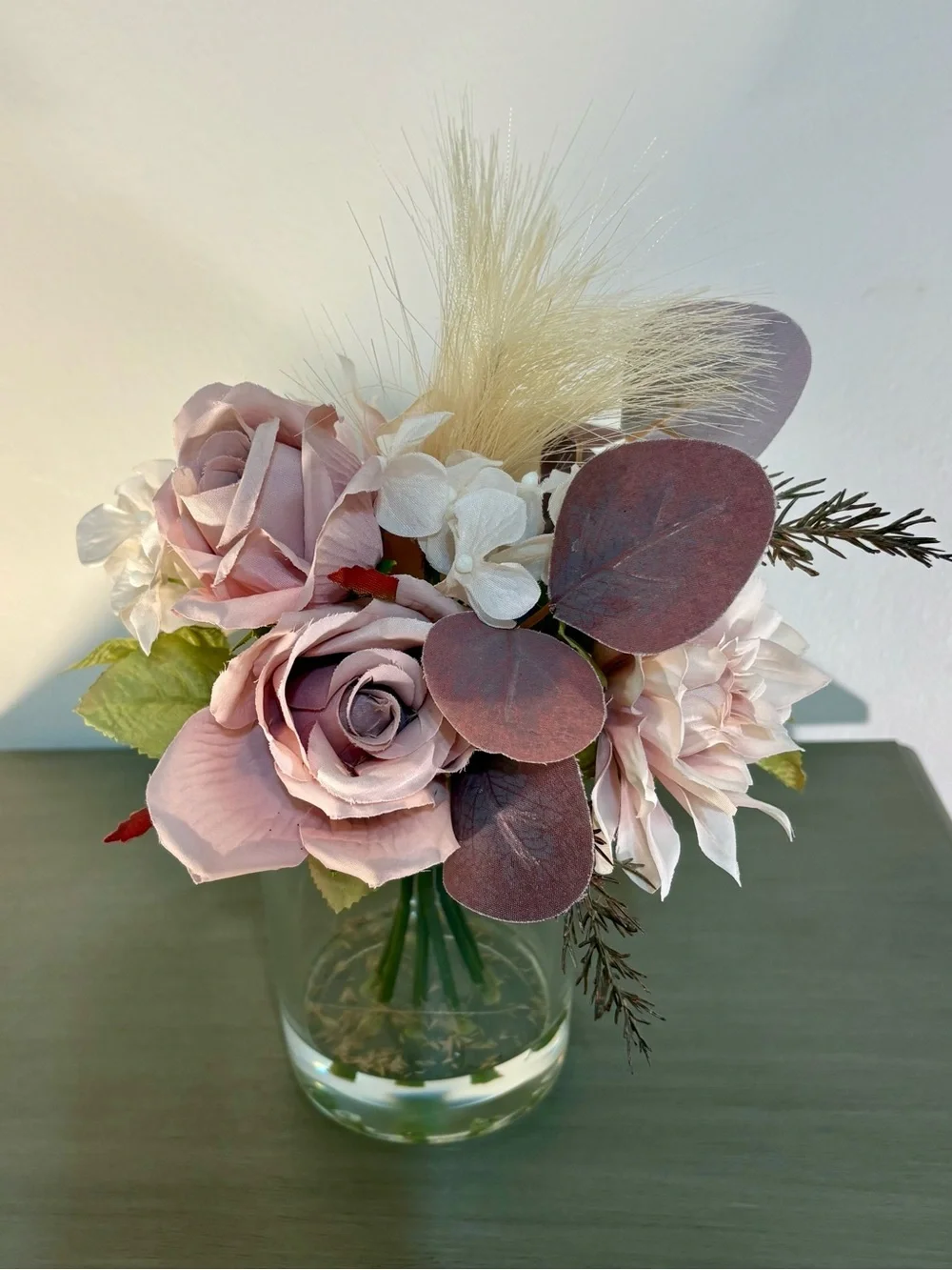 Soft Pink Purple Faux Silk Rose Bouquet Floral Arrangement Glass Vase NWT